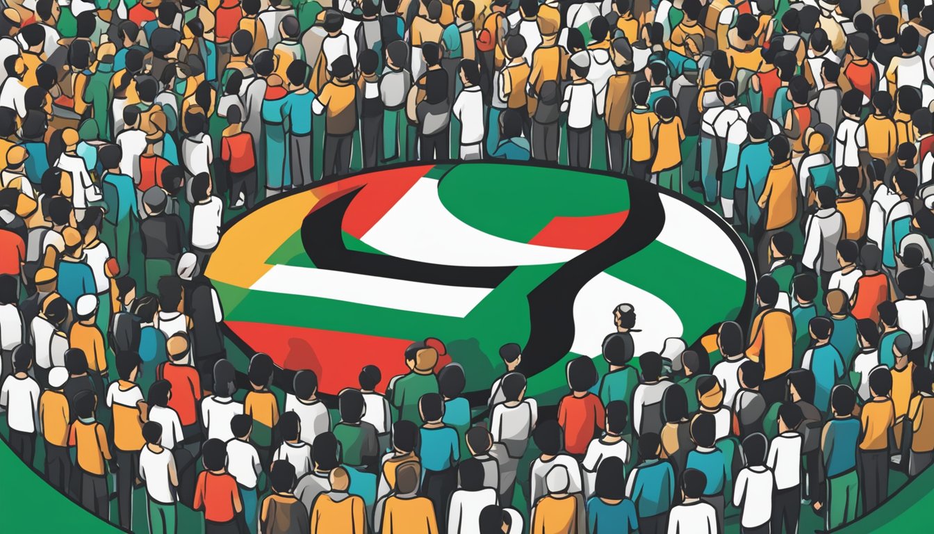 Five Ten logo on a Palestinian flag, surrounded by people and businesses thriving in a vibrant economy