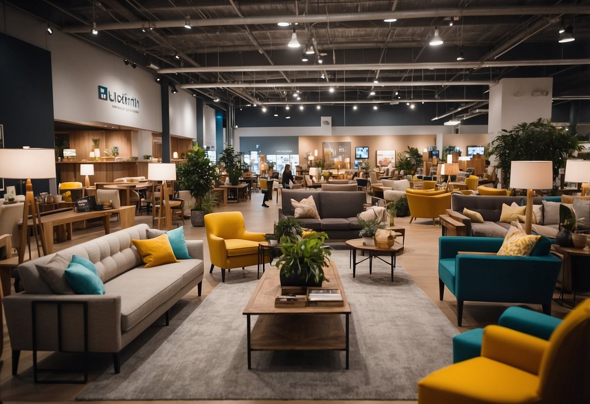 A bustling tradehub 21 furniture store with customers browsing and staff assisting. Displayed items include sofas, tables, and chairs. Bright lighting and colorful displays create an inviting atmosphere