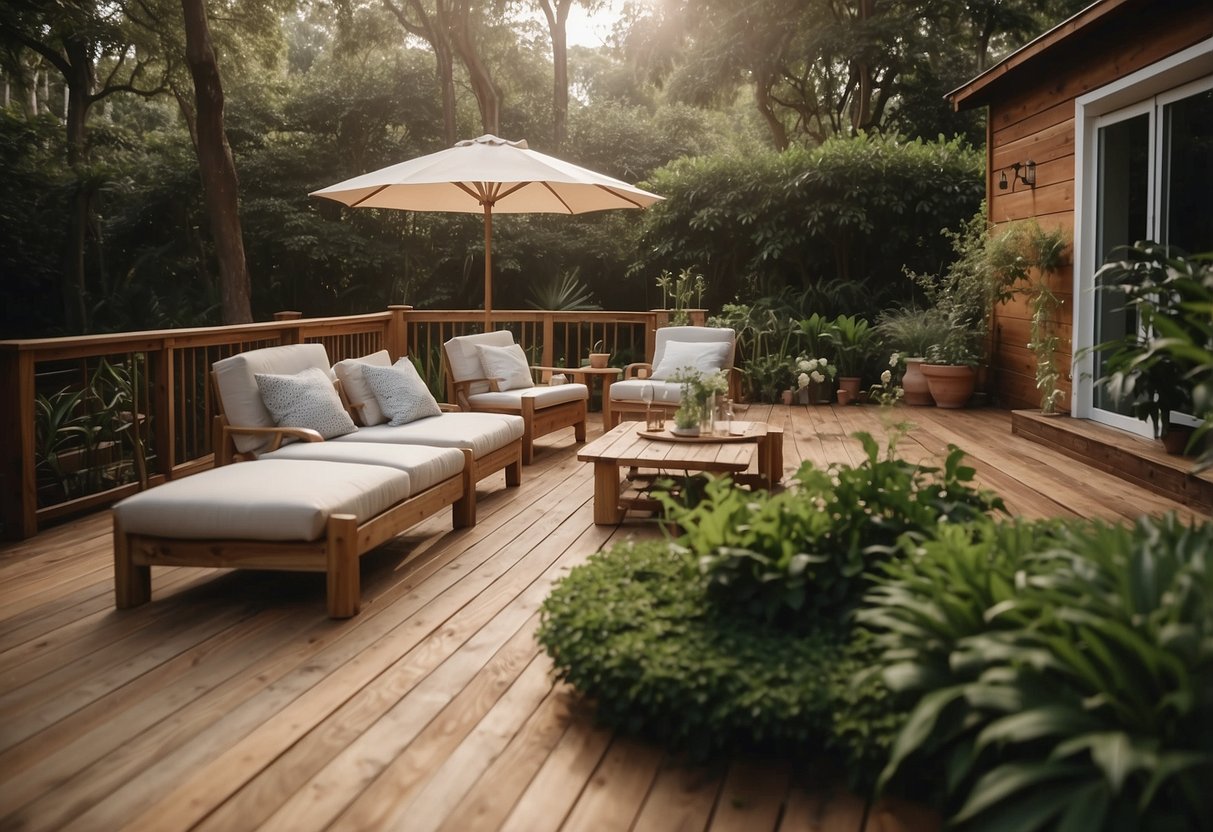A backyard with a wooden deck, surrounded by lush greenery, featuring a variety of outdoor furniture such as a dining set, lounge chairs, and a hammock