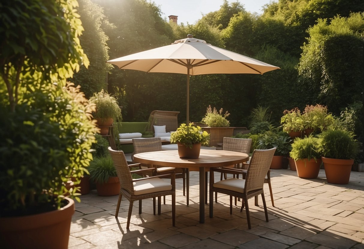A patio with a variety of outdoor furniture, including tables, chairs, and umbrellas, surrounded by lush greenery and bathed in warm sunlight