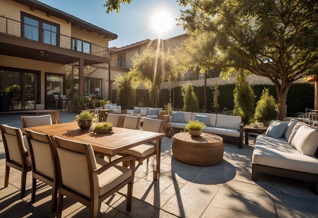 A sunny outdoor setting with a variety of affordable furniture pieces, including tables, chairs, and loungers, displayed in a neatly organized and attractive manner