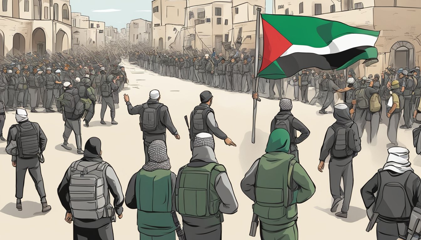 Tension in Palestine: Illustrate flags, protests, and conflict. Avoid human subjects or body parts