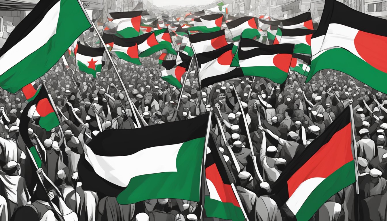 Pearl Izumi logo displayed next to Palestinian flag in a crowded protest