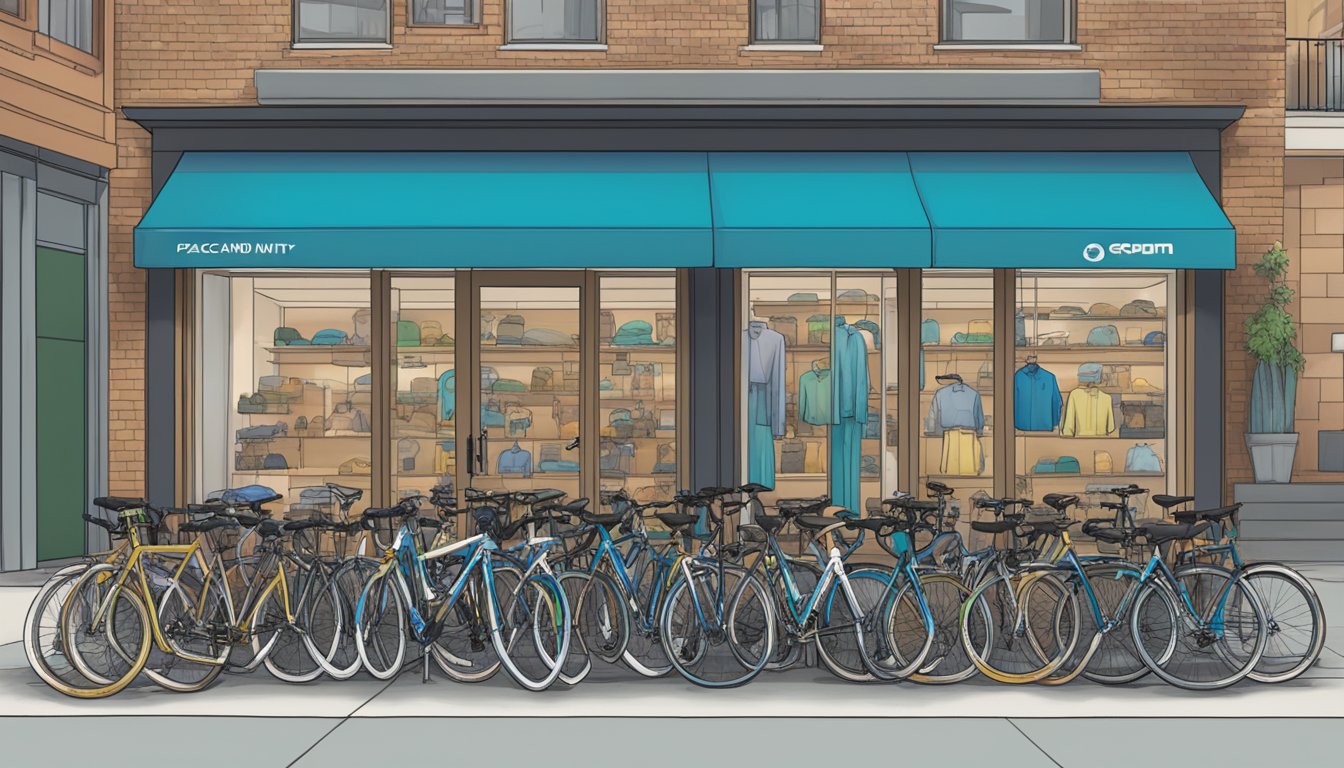 Bicycles lined up in front of a Pearl Izumi store, with a sign promoting peace and unity, symbolizing the cycling industry's response to geopolitical issues