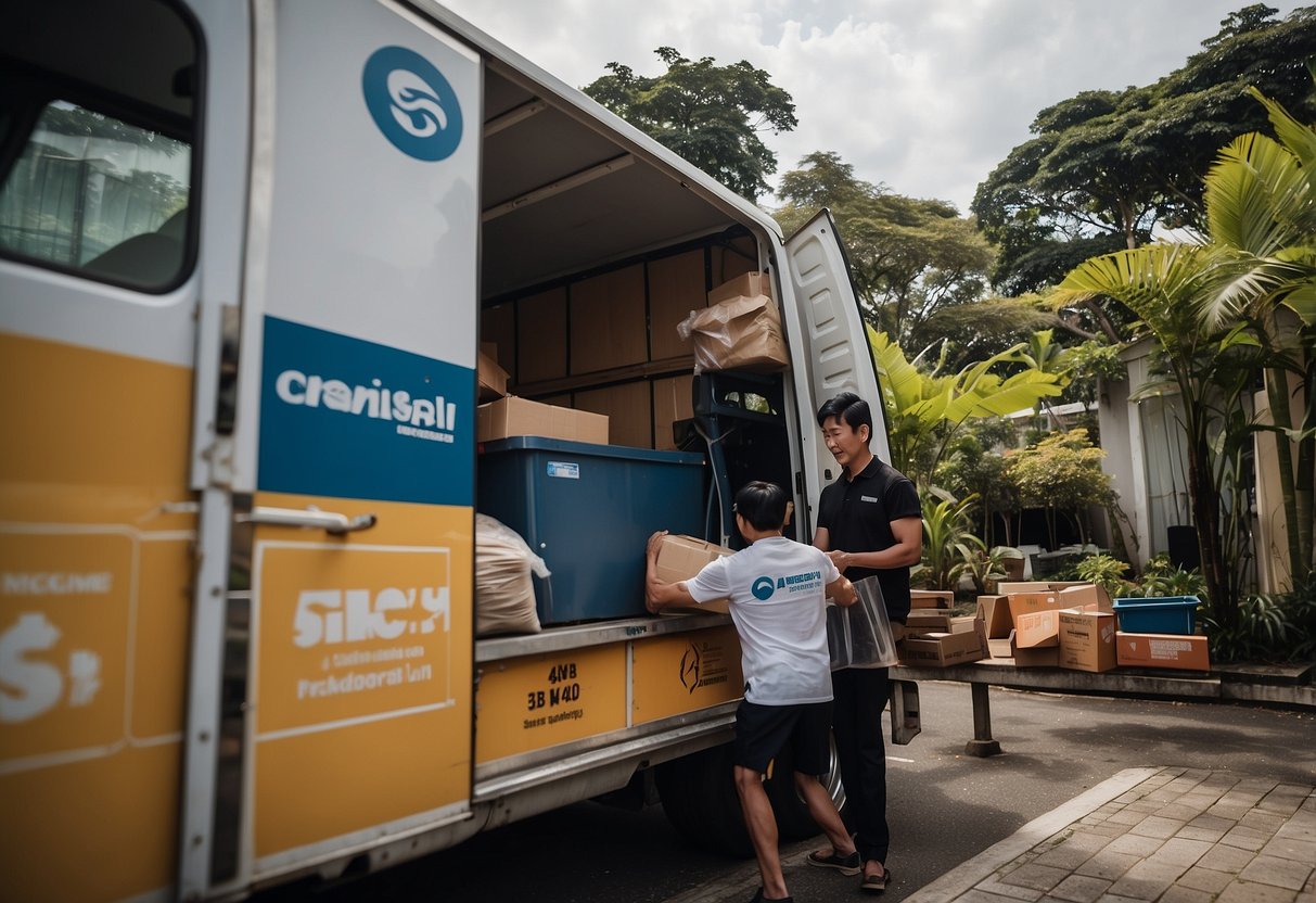 A person loads furniture into a donation truck outside a Singaporean home. The truck is marked with a charity logo
