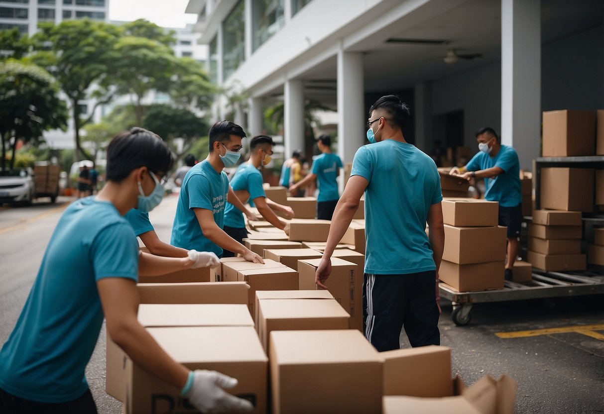 A group of volunteers unloading and organizing donated furniture in a community center in Singapore