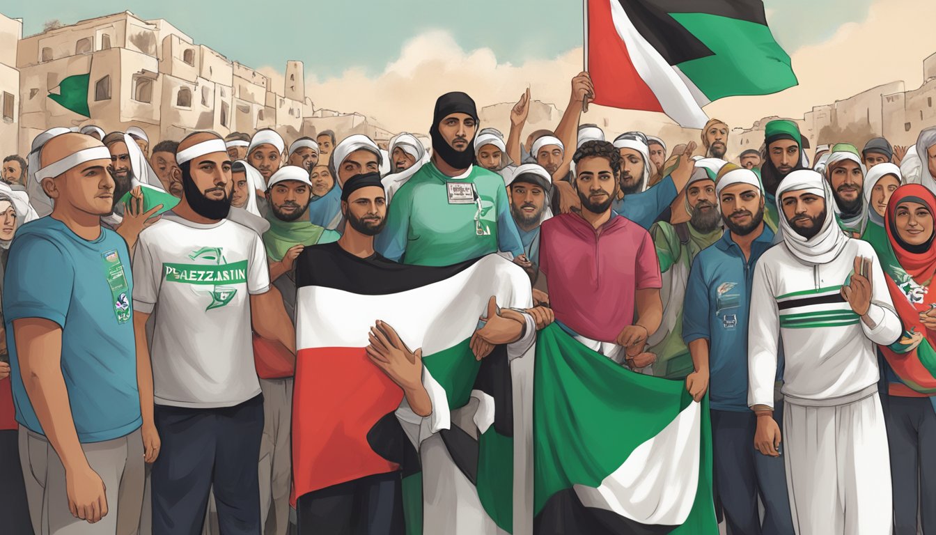 A group of people wearing Pearl Izumi clothing engage with Palestinian community, displaying support for Palestine's values