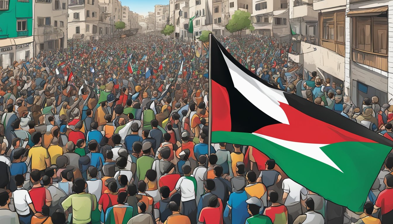 A Pearl Izumi logo displayed on a billboard with a background of the Palestinian flag and a crowd of people showing support