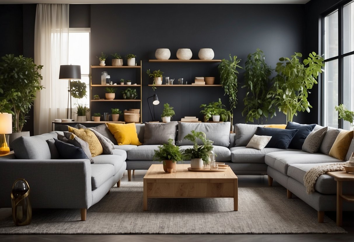 A room with diverse IKEA furniture collections, including sofas, tables, and shelves, arranged in a modern and stylish setting