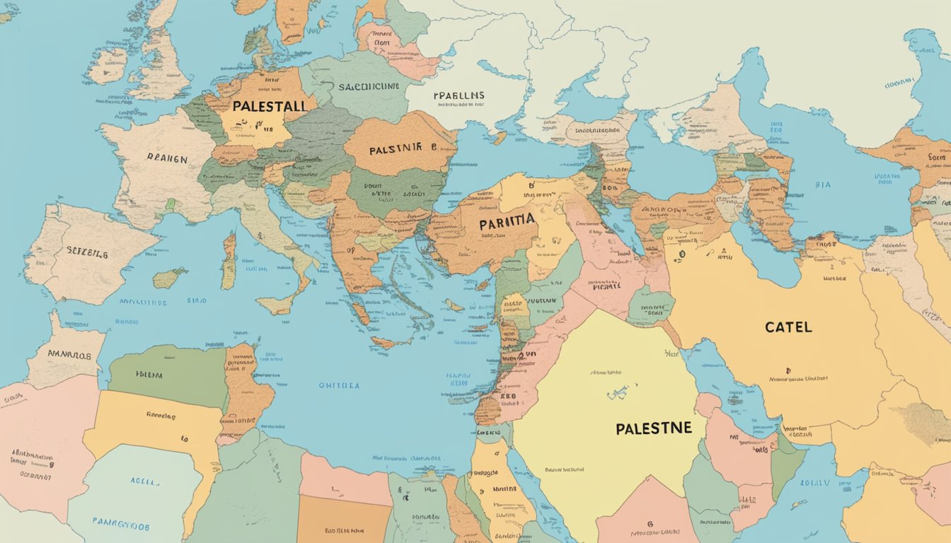 A world map with a spotlight on the Middle East, specifically highlighting the area of Palestine. A question mark hovers over the region, symbolizing uncertainty about Castelli's official stance