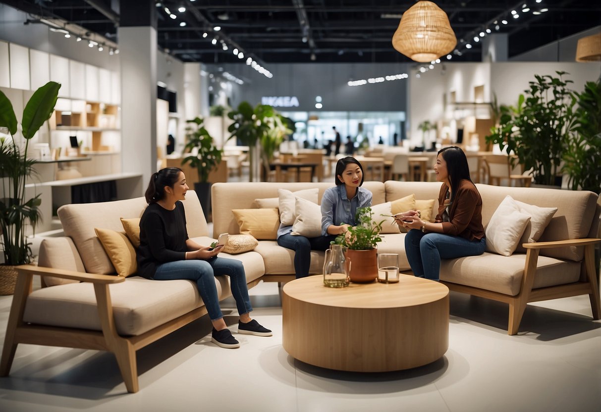 Customers browsing through modern furniture displays in a spacious showroom at IKEA Singapore. Various home decor items and furnishings are neatly organized for a convenient shopping experience