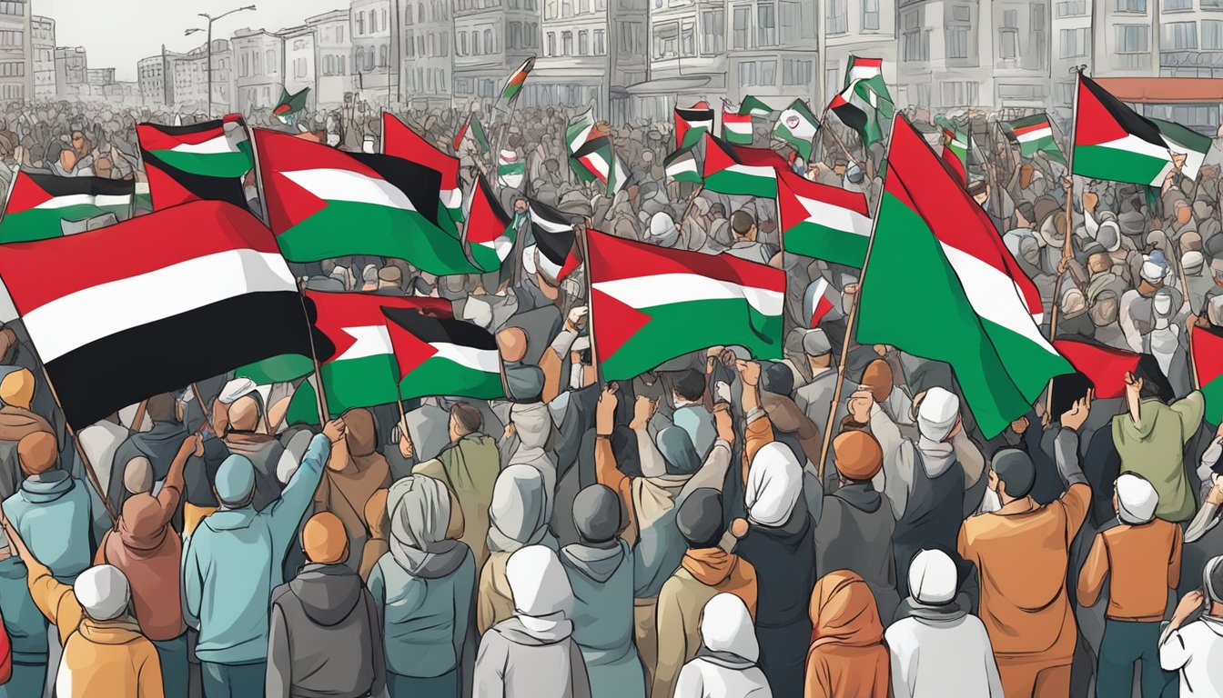 A group of people holding signs and flags in support of Palestine, with a backdrop of a peaceful protest or rally