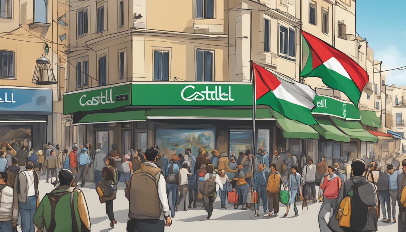 Castelli logo on a billboard in a bustling city. Palestinian flag displayed in the background. People engaging with Castelli products in a marketplace