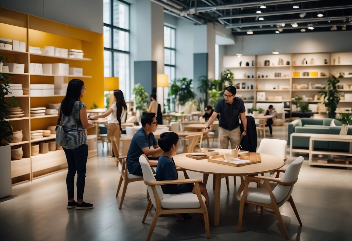 Customers browsing through a variety of IKEA furniture in a well-lit and spacious showroom in Singapore