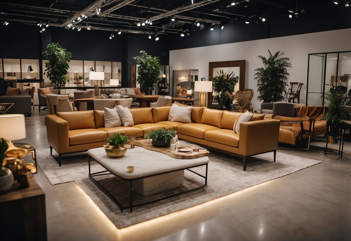 Various furniture pieces arranged in a showroom, with customers browsing and reviewing products