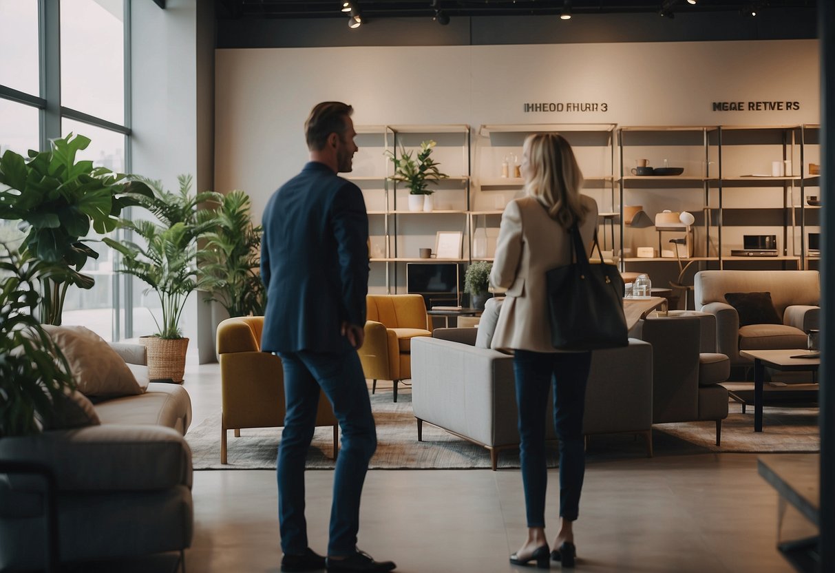 Customers browsing through a showroom of modern furniture, reading and discussing a large sign labeled "Frequently Asked Questions mega furniture reviews."