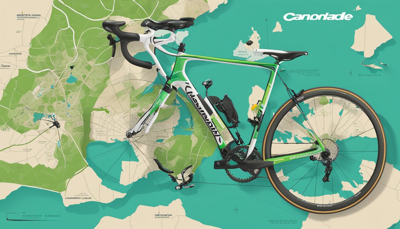 Cannondale logo with a map of Palestine in the background, surrounded by bicycles and cycling gear