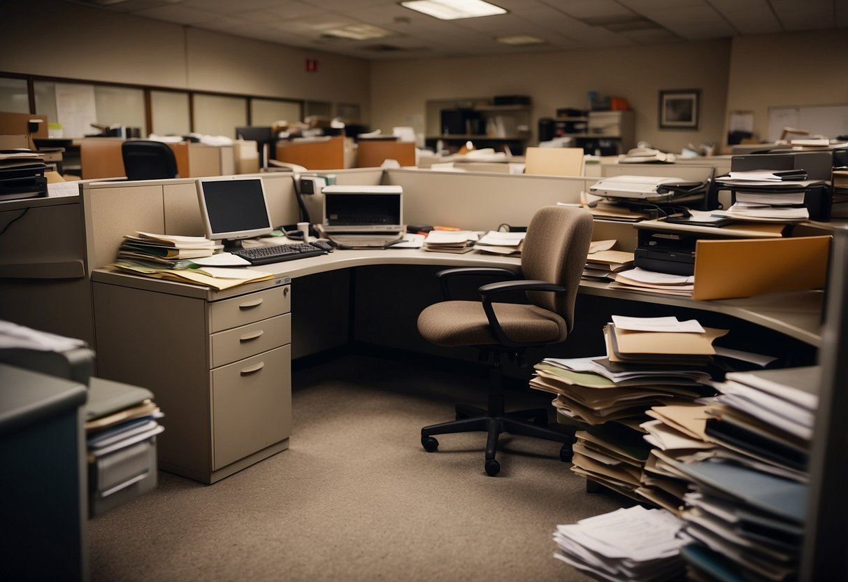 A cluttered office space with mismatched, worn-out furniture. Desks, chairs, and filing cabinets show signs of heavy use and lack of care