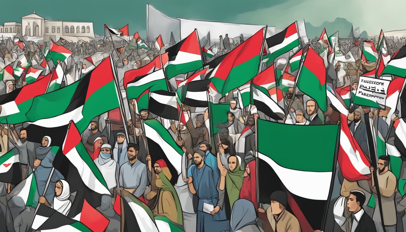 A group of people holding signs and flags in support of Palestine, with a backdrop of the Palestinian flag and images of human rights and humanitarian issues