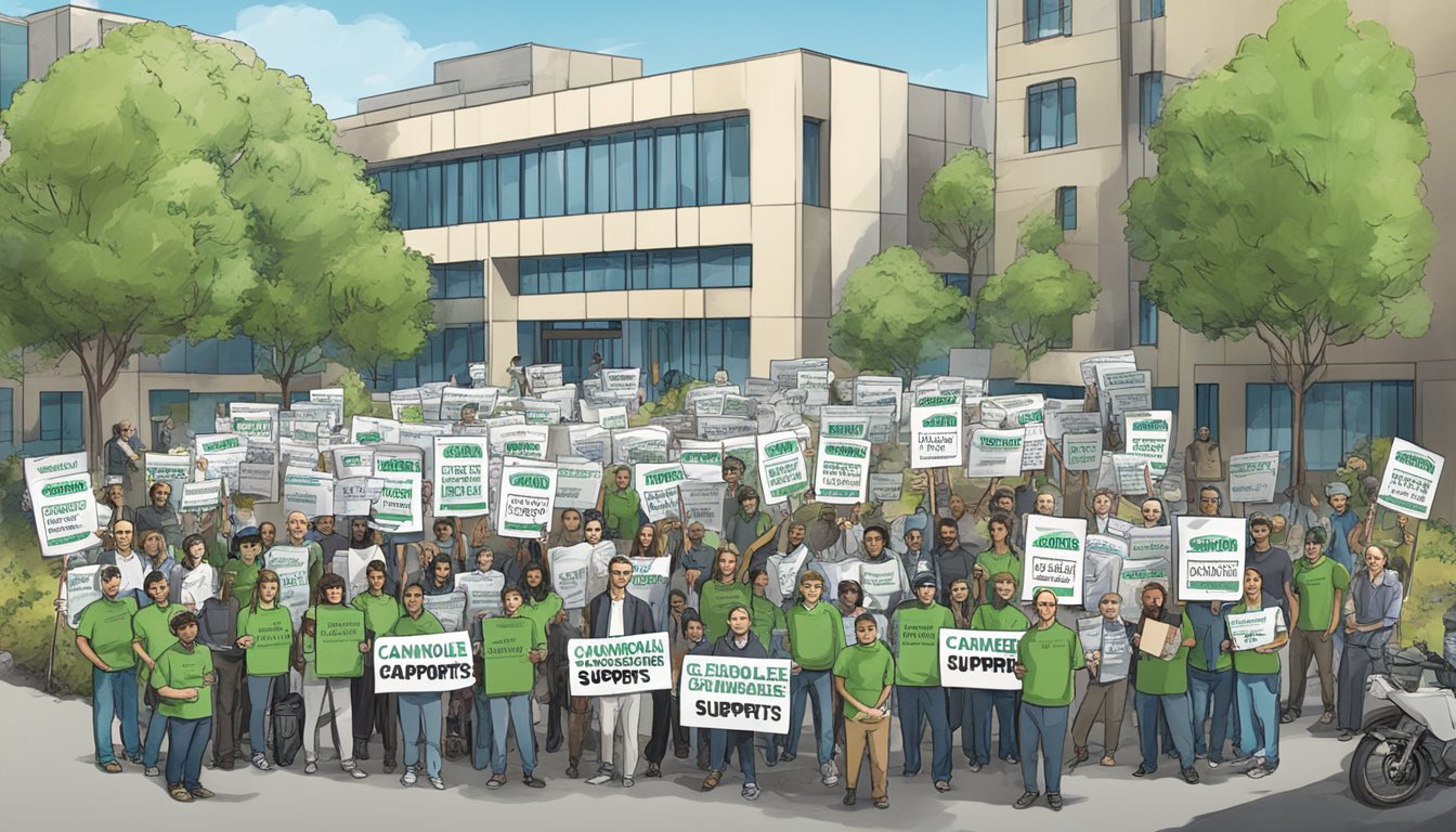 A group of people holding signs and banners with the words "Cannondale supports Palestine" gather outside the headquarters of a media company. News cameras capture the scene as public opinion on the issue is highlighted