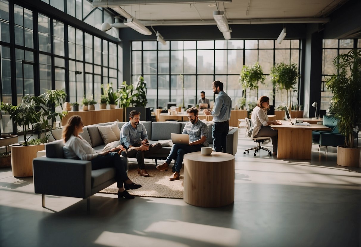 Employees enjoying comfortable, stylish reused office furniture in a modern, eco-friendly workspace