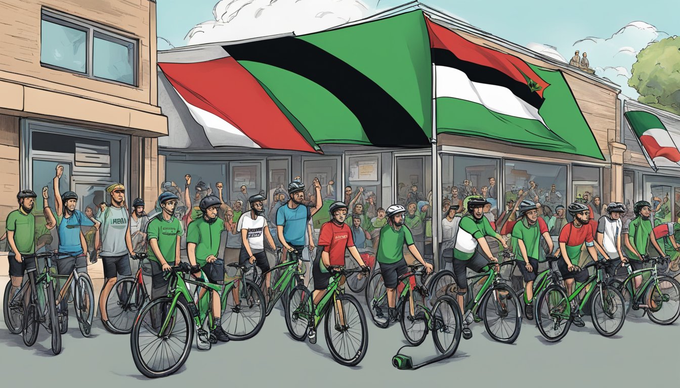 A group of people boycotting Cannondale bikes, waving Palestinian flags outside a store