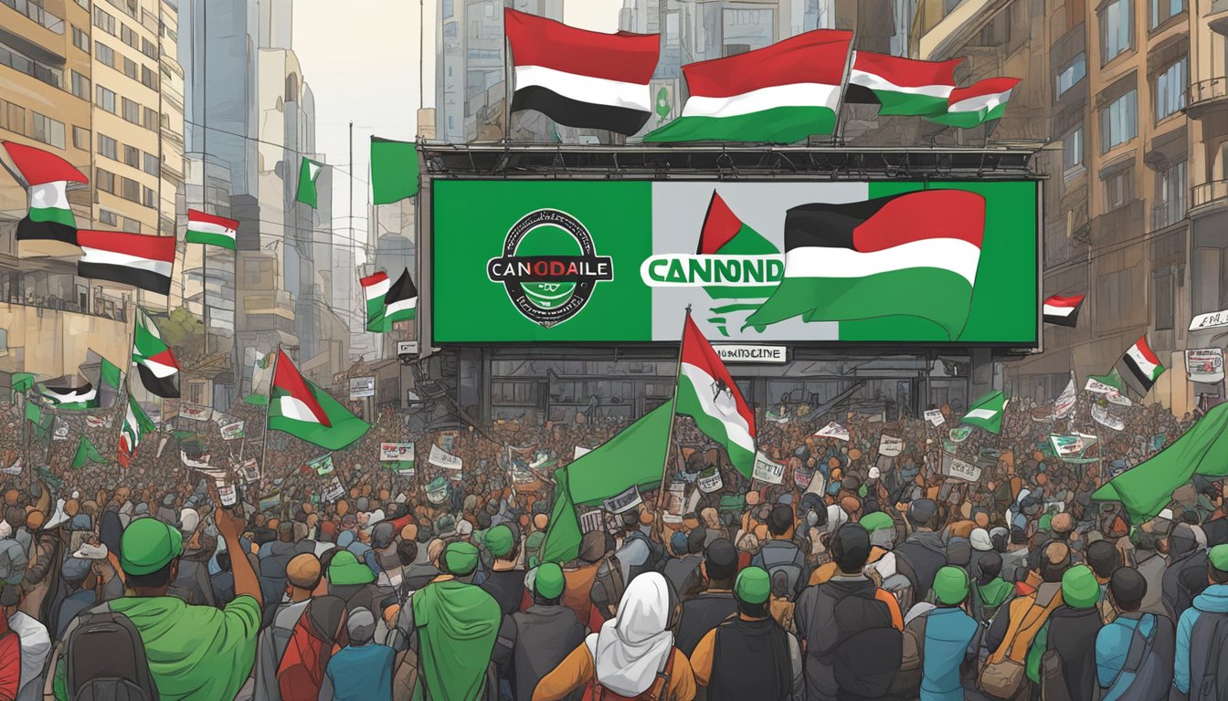 Cannondale's logo placed prominently on a billboard at a pro-Palestine rally, surrounded by banners and signs advocating for Palestinian rights