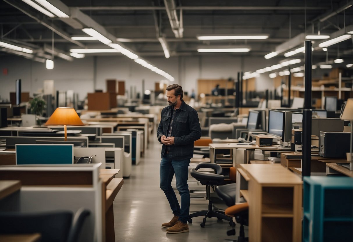 A person browsing through a showroom of reused office furniture, carefully inspecting the quality and selecting items to purchase