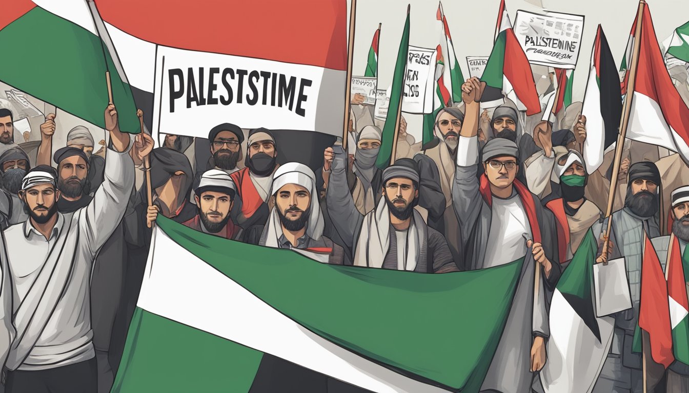 A group of people holding signs and flags in support of Palestine at a peaceful protest