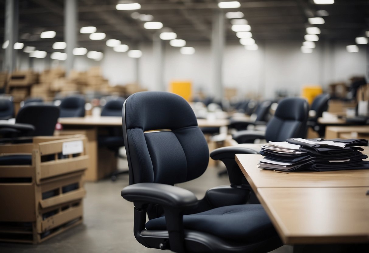 A stack of used office chairs and desks with a sign "Frequently Asked Questions" in a warehouse