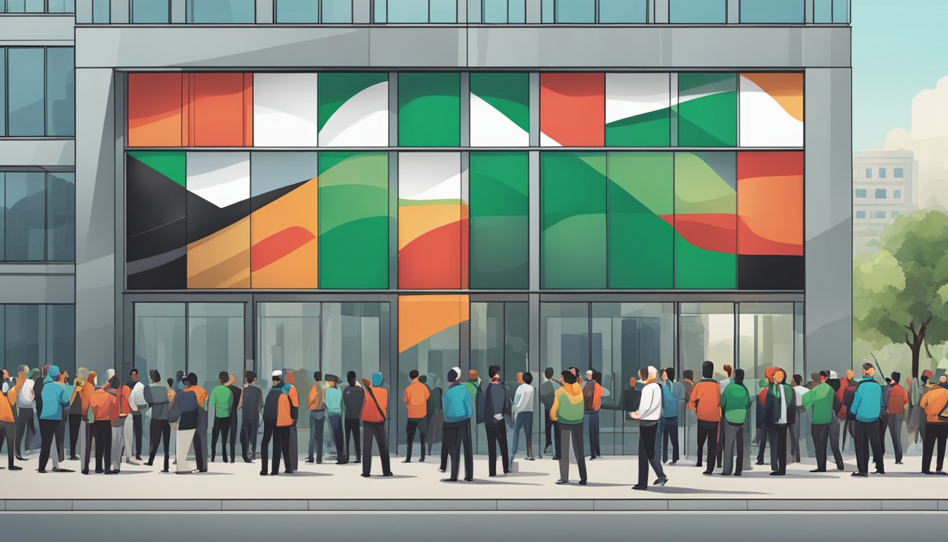 Trek logo on corporate building. Protesters with Palestinian flags. Executives in discussion. Social media responses