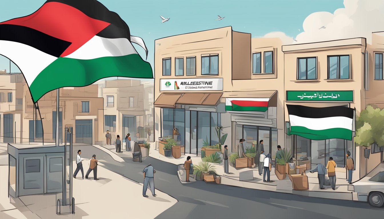 A Palestinian flag flying outside a specialized business, with a sign promoting support for Palestine. Customers and employees engage in discussions about the impact of their business practices on the region