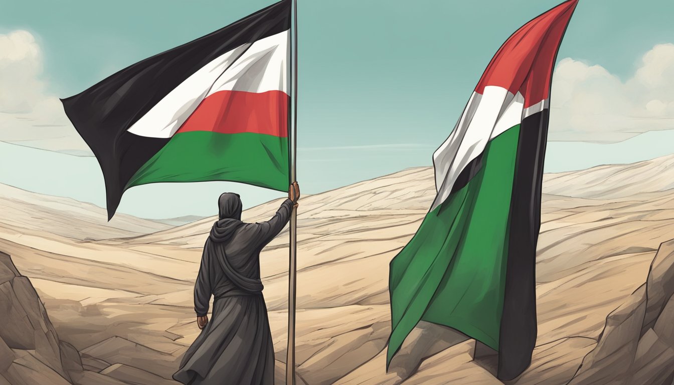 A giant figure holds the Palestinian flag high, standing in solidarity with Palestine