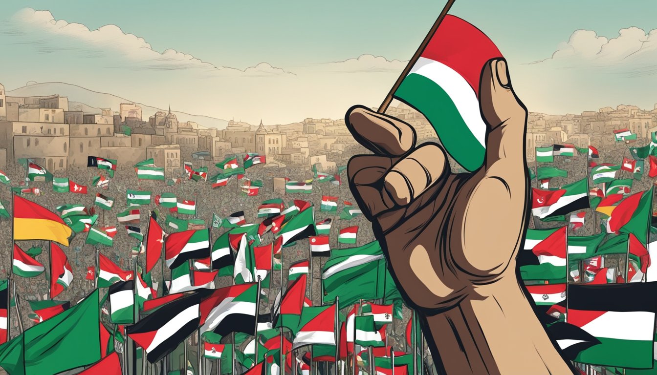 A giant hand reaches out to support Palestine amidst a backdrop of global flags and policies