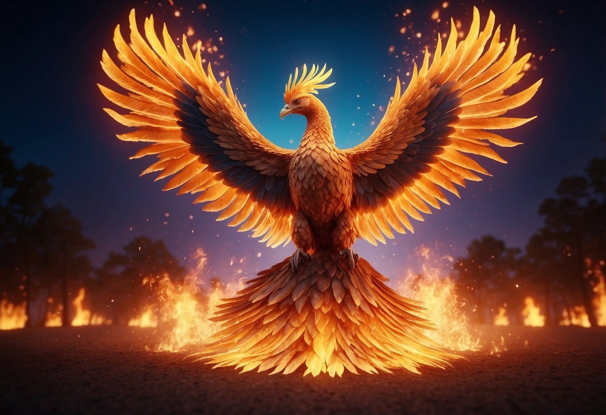 A majestic phoenix rises from fiery embers, its vibrant plumage glowing in the twilight as it prepares to unleash its symphonic song