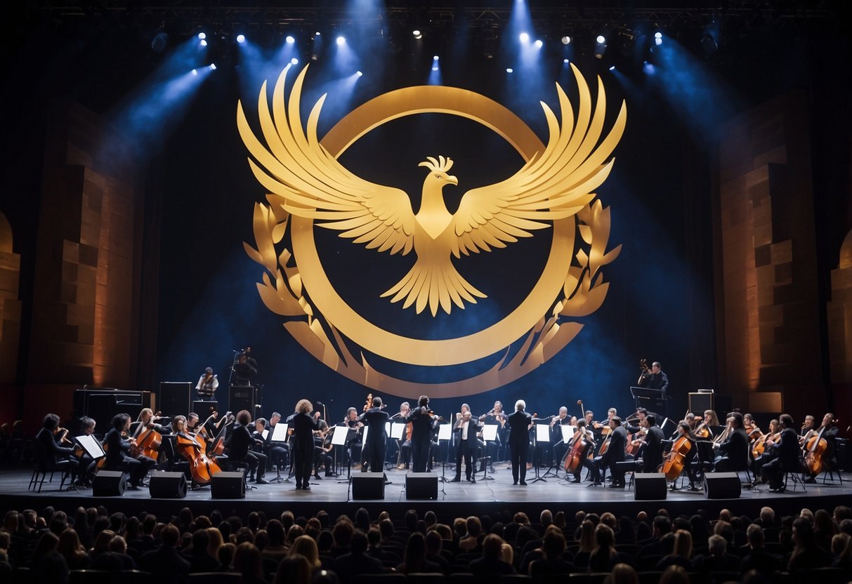 An orchestra of diverse musicians performing on stage, surrounded by an audience in a grand concert hall, with the iconic phoenix symbol displayed prominently in the background