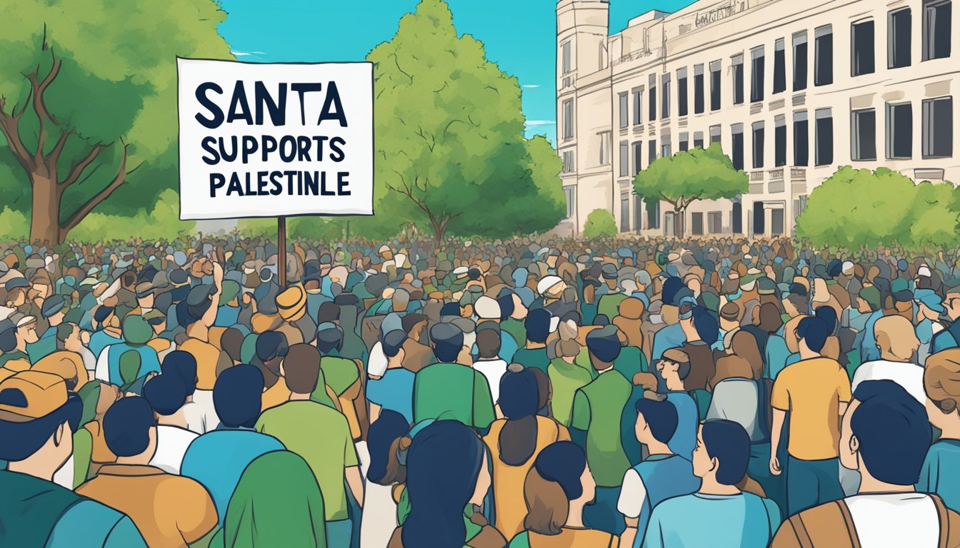 A protest sign reading "Santa Cruz supports Palestine" is held high in a crowd. Blue skies and green trees frame the scene