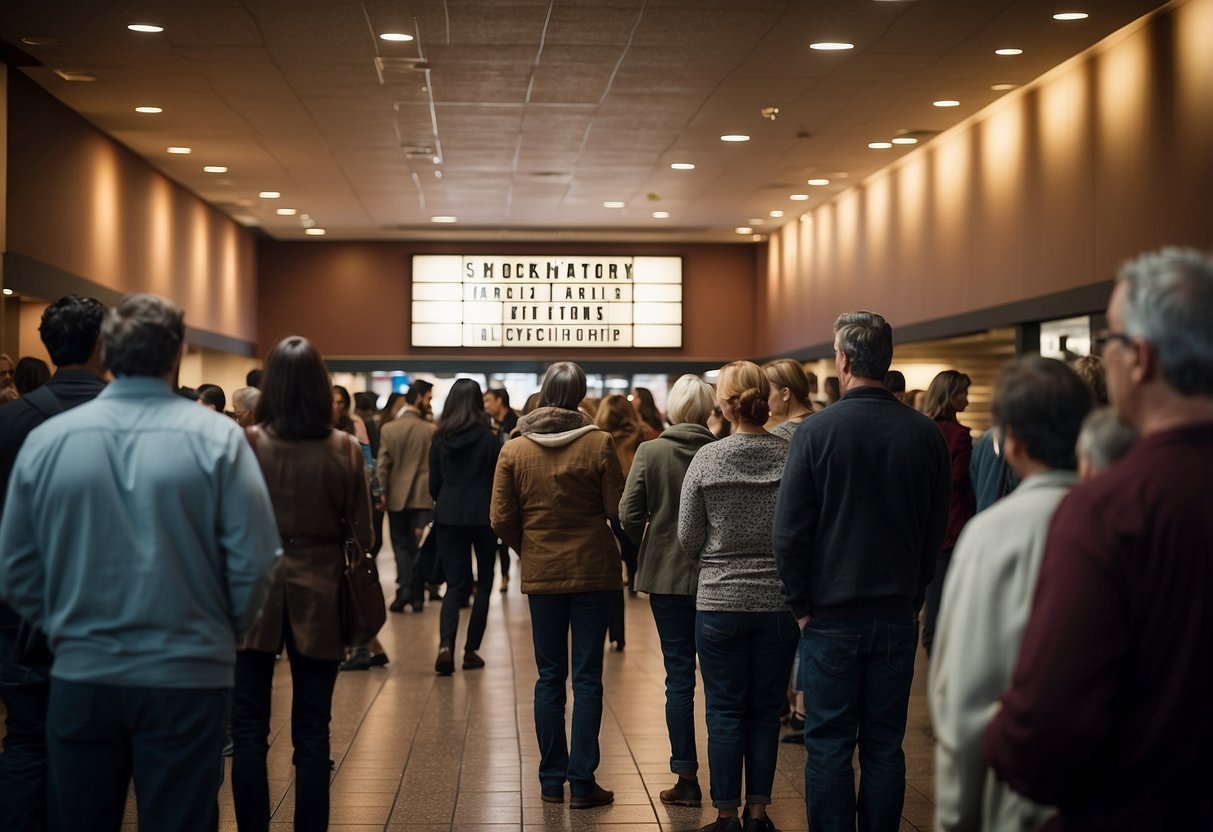 A line of patrons waits at the box office, holding tickets and subscription forms, while a symphony banner hangs overhead