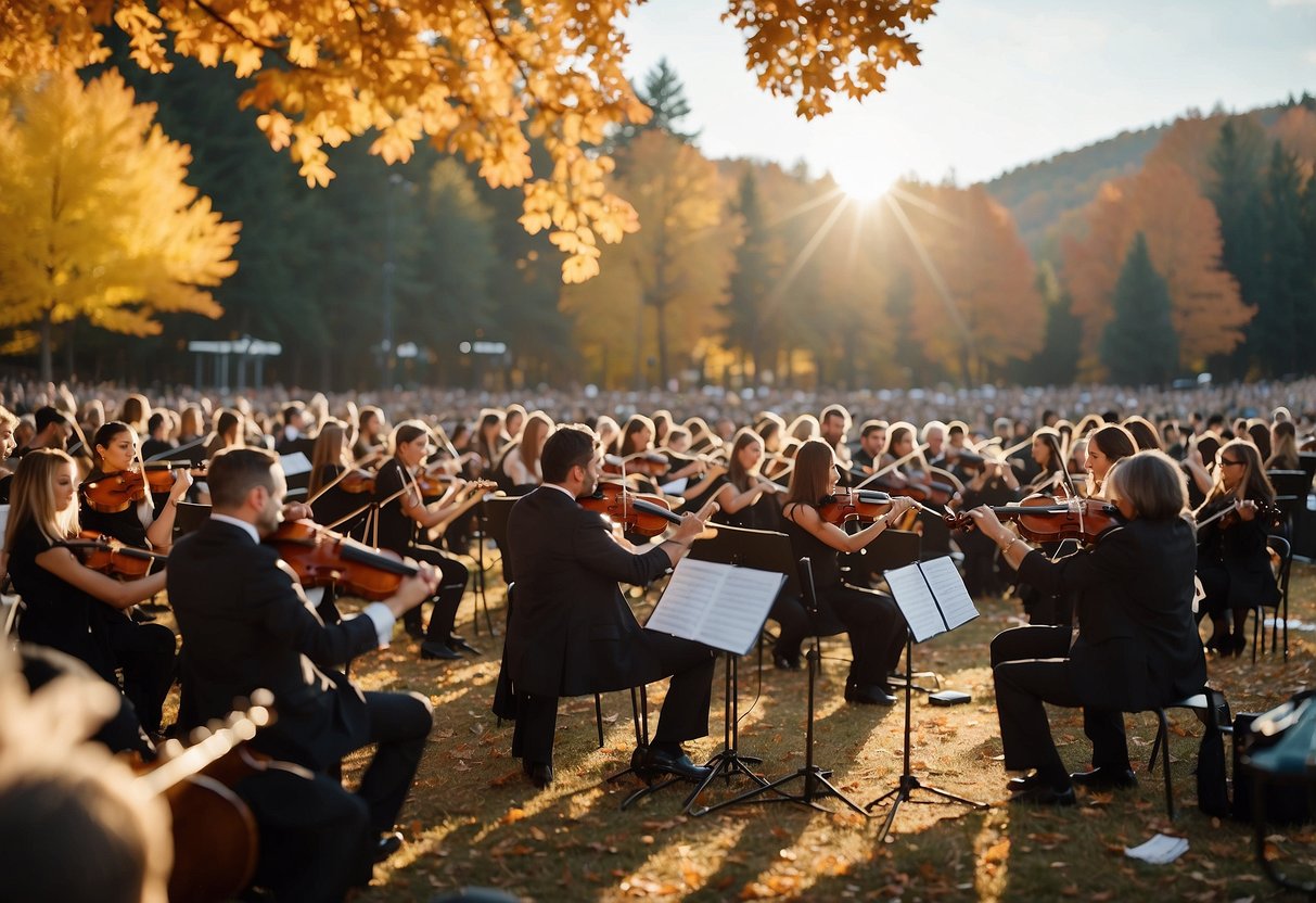 A vibrant orchestra performs at an outdoor amphitheater, surrounded by colorful autumn foliage and twinkling lights. The music fills the air as the audience enjoys the seasonal concert series