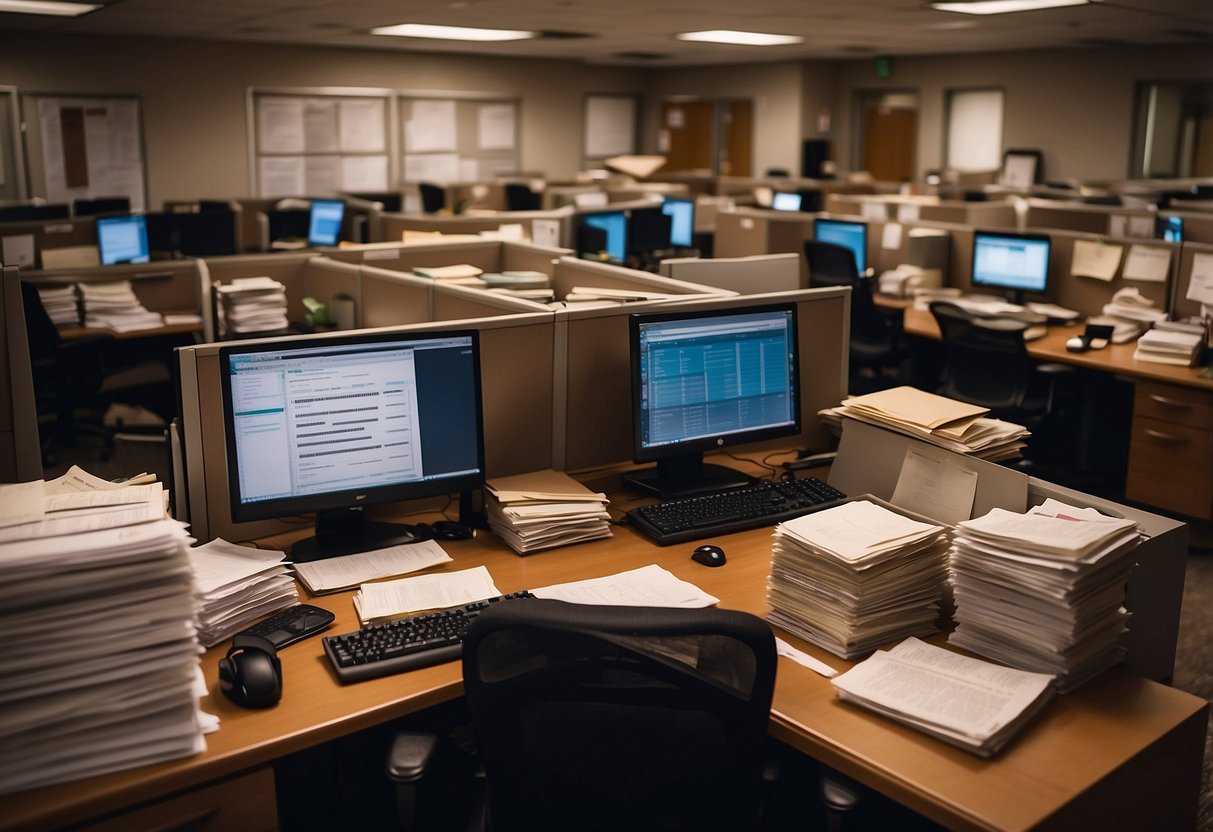 The bustling office of the Phoenix Symphony, with employees working diligently at their desks, surrounded by stacks of paperwork and financial documents