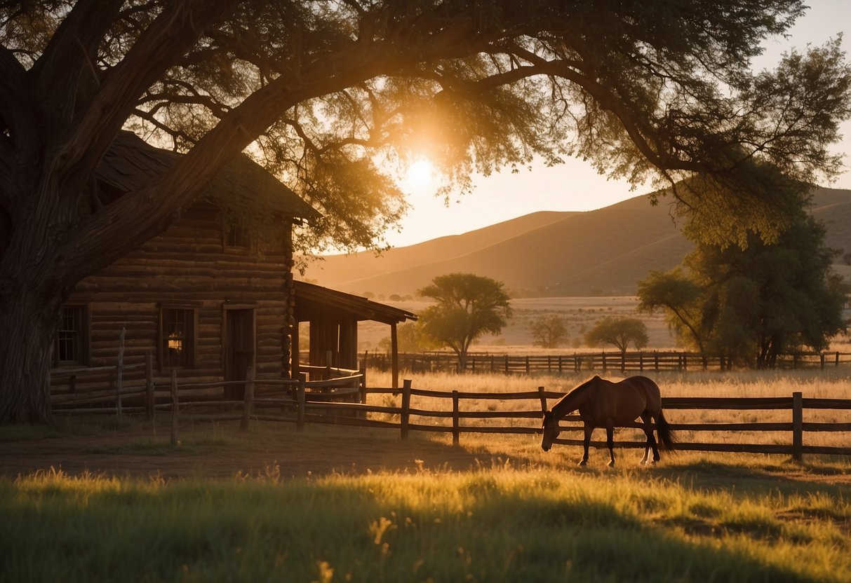 The sun sets behind MacDonald's Ranch, casting a warm glow over the rustic wooden buildings and sprawling fields. Horses graze peacefully in the distance, while a gentle breeze rustles through the trees