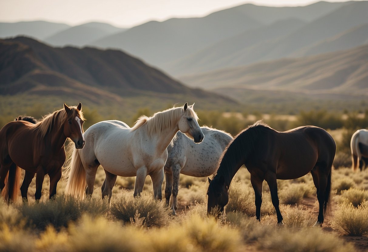 Horses grazing in a lush, open pasture with a backdrop of rolling desert hills and a clear blue sky overhead