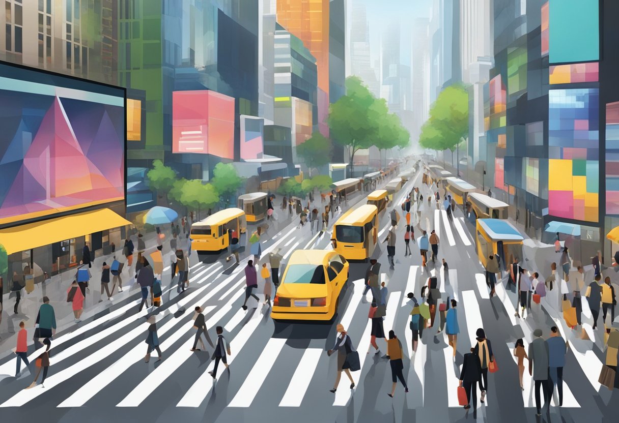 Busy city street with people walking in various directions, some carrying bags or umbrellas. A large digital display board shows real-time foot traffic measurement