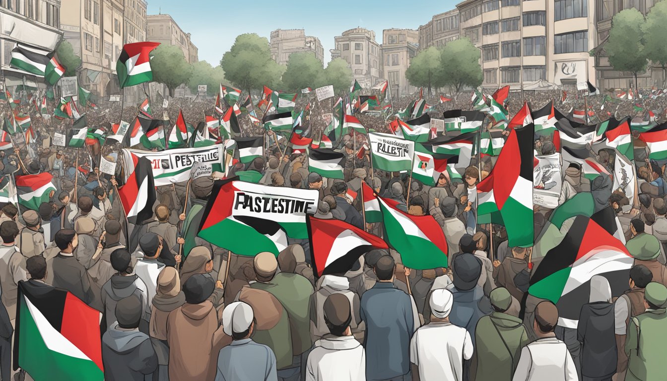 A crowd of people holding signs and flags in support of Palestine, with the letters "GT" prominently displayed on banners and posters