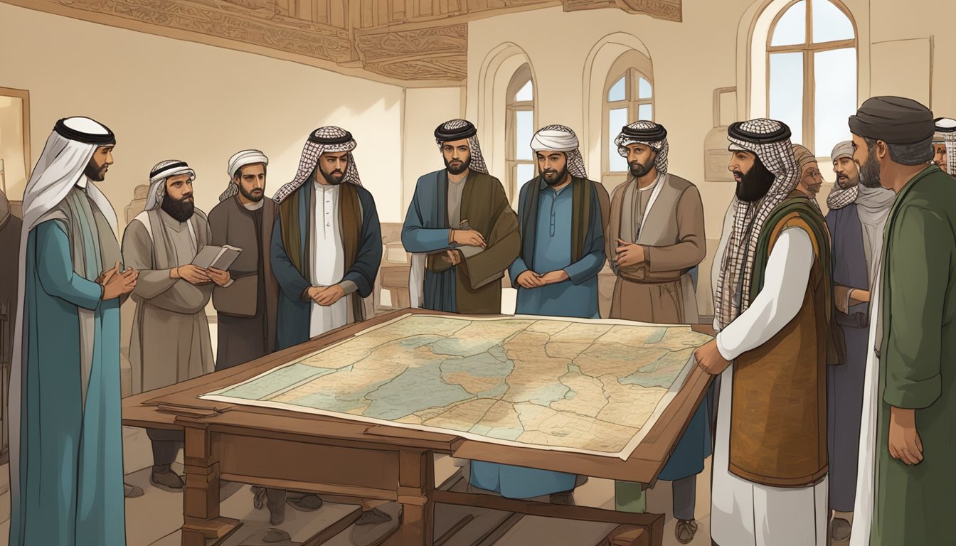 A group of people in traditional Palestinian clothing gather around a map, discussing historical events and political issues. The room is filled with books and artifacts related to Palestinian history and culture