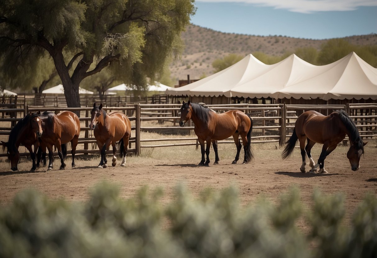 Horses roam in a corral at MacDonald's Ranch. Tables and chairs are set up for a gathering under a large tent. Hay bales and cowboy hats add to the western theme