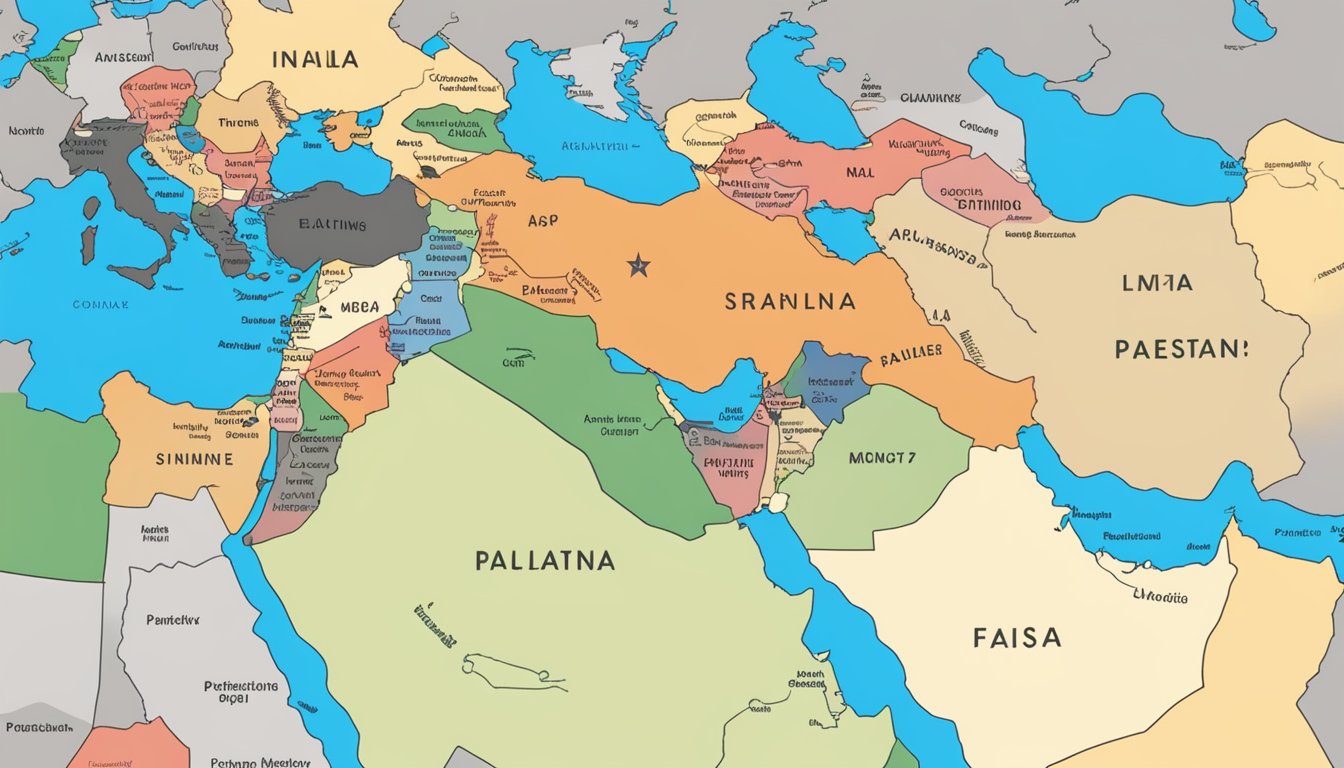 A map of the Middle East with a spotlight on Palestine, surrounded by flags and political symbols