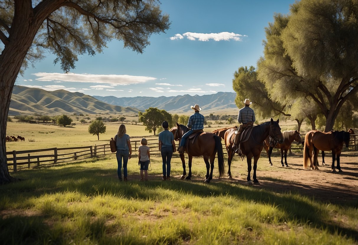 Families gather under a bright blue sky at MacDonald's Ranch, surrounded by rolling hills and lush greenery. Horses graze peacefully in the distance, while children eagerly anticipate their upcoming trail ride