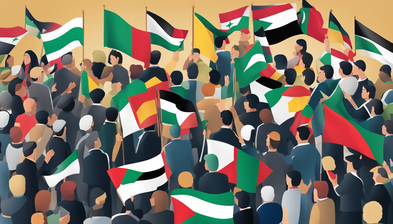 A group of diverse flags representing different countries, with a focus on the Palestinian flag, surrounded by people engaging in diplomatic discussions