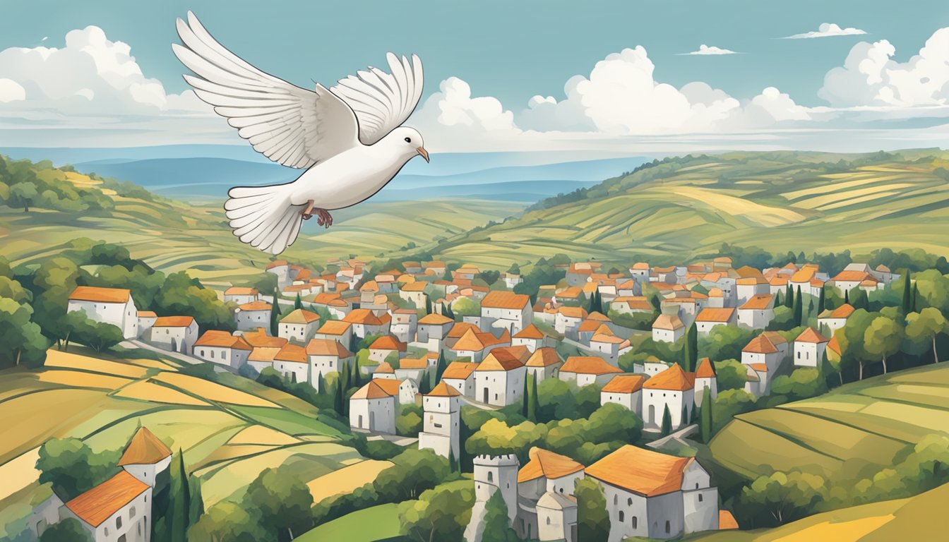 A dove flies over a landscape with a peaceful village and a strong, sovereign nation, symbolizing GT's support for Palestine